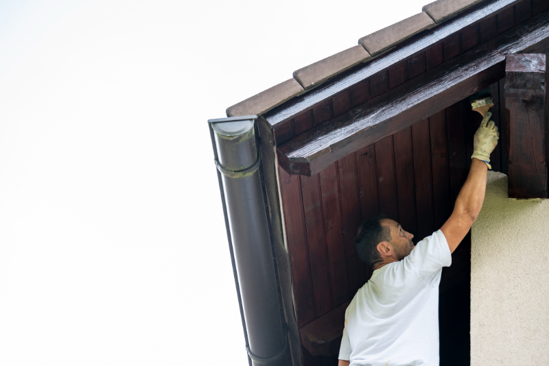 Adult man painting wood on the house