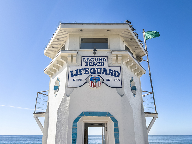 A Laguna Beach, CA lifeguard tower on the beach.