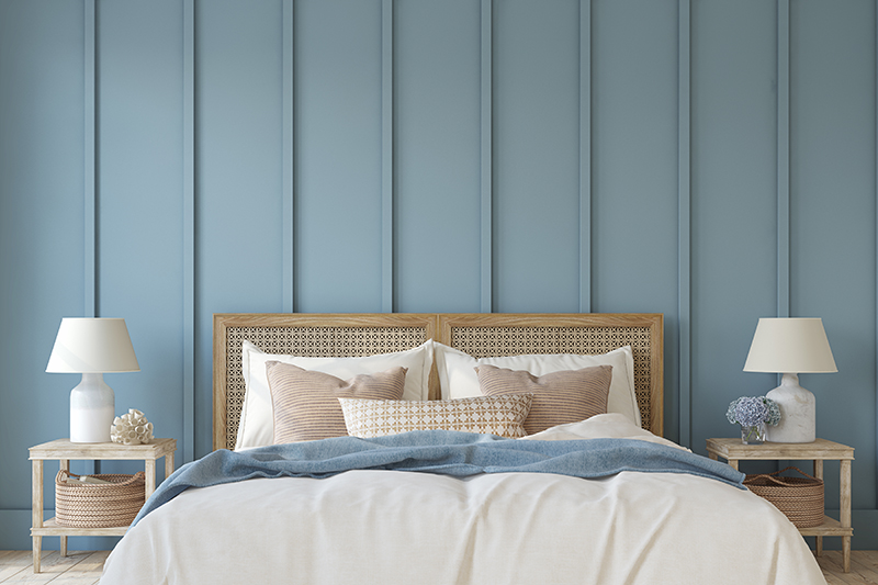 Frame mockup. Modern bedroom interior in a nautical style. Dark blue wall. 3d render.