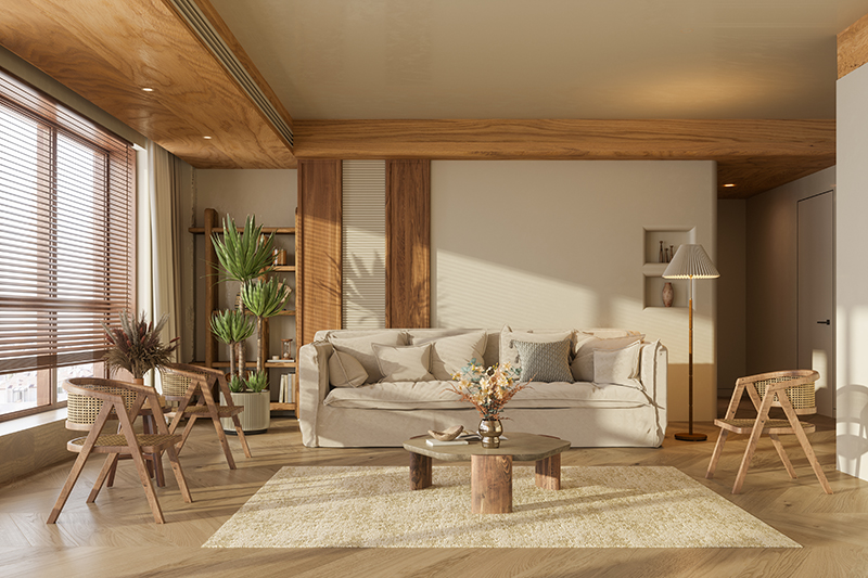 Wabi Sabi Style Living Room With Sofa, Wicker Chairs, Coffee Table, Potted Plant And Parquet Floor